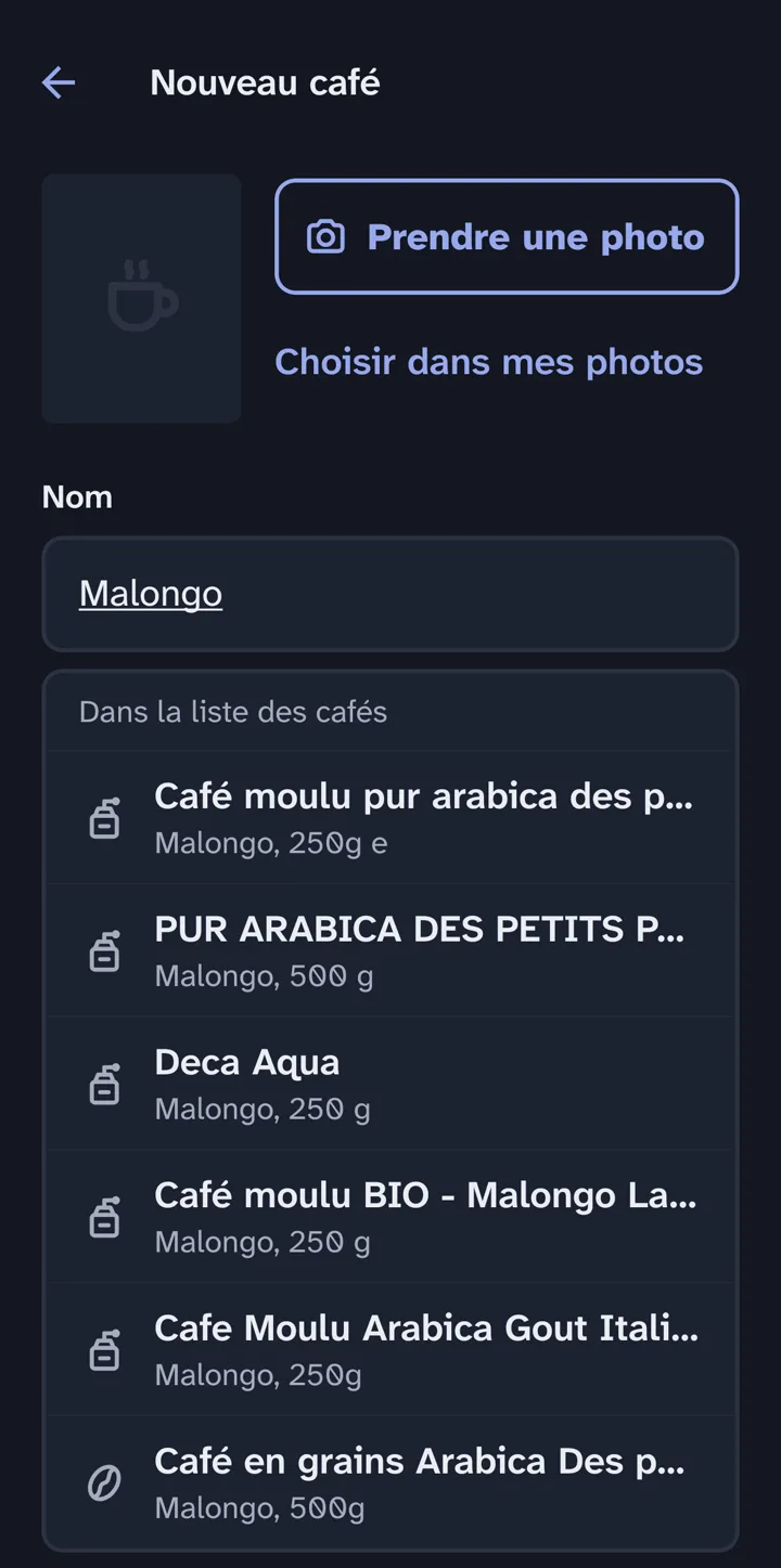 Ajout d'un café : en tapant « Malongo », Kawa propose les cafés Malongo de sa liste.