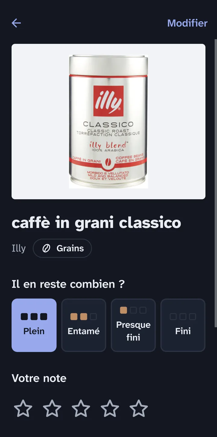 Un café ouvert : de gros boutons Plein, Entamé, Presque fini et Fini.