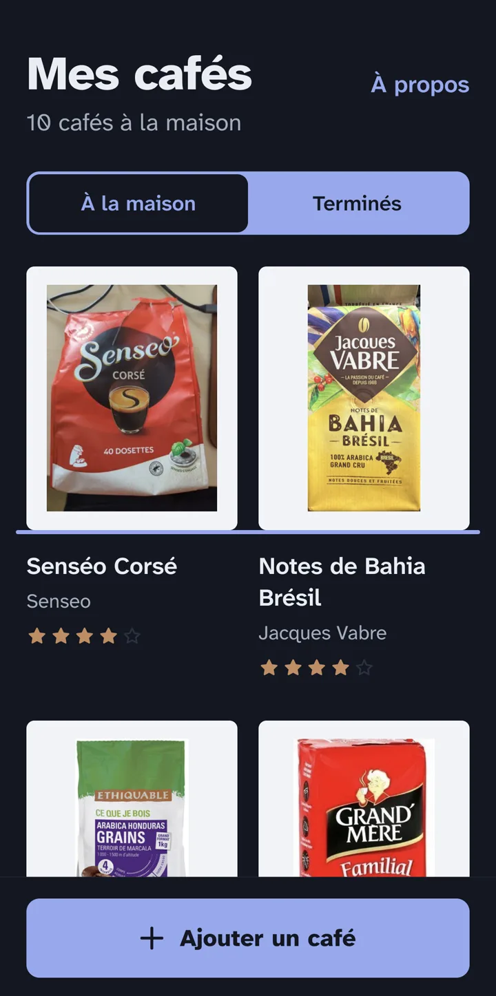 Les cafés terminés, avec leur note sur cinq étoiles.